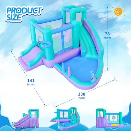 Inflatable Bounce House Water Slide, 141 x 138 x 78 Inches Blow Up Water Slides, Splash Pool, Basketball, Ring Toss Game, Target Balls, Water Cannon, Climbing Wall, Blower Included