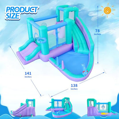 Inflatable Bounce House Water Slide, 141 x 138 x 78 Inches Blow Up Water Slides, Splash Pool, Basketball, Ring Toss Game, Target Balls, Water Cannon, Climbing Wall, Blower Included