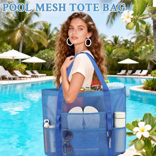 GYEUKHAM Mesh Beach Bag for Women, Sand-Resistant Pool Tote, 9 Pockets (1 Inner Zip), Foldable Family Travel Essentials - color: L-blue
