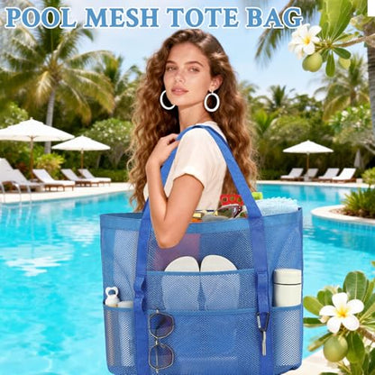 GYEUKHAM Mesh Beach Bag for Women, Sand-Resistant Pool Tote, 9 Pockets (1 Inner Zip), Foldable Family Travel Essentials - color: L-blue
