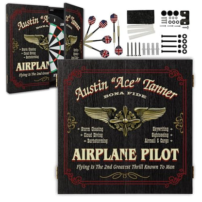Personalized Dart Board Cabinet Set with 6 Steel Tip Darts, Paper Fibre Dartboard, Chalk & Eraser (21.5 x 21.5 x 2.75") - Occupational Man Cave Dart Boards for Adults - Airline Pilot (401) - style: Airplane Pilot Dartboard & Cabinet Set