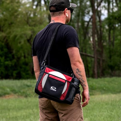 Latitude 64 Slim HEX Shoulder Bag | Lightweight Disc Golf Bag with Putter Pocket | Durable HEX Pattern Nylon Material | Compact Storage for Casual Rounds & Practice | Holds Up to 8 Discs - color: Red