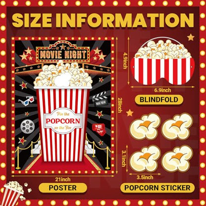 Faccito Movie Night Party Pin The Popcorn on The Box Large Poster with 24 Popcorn Stickers Blindfold Carnival Set for Movie Theater Carnival Birthday Party Decoration Activities Supplies - style: Movie