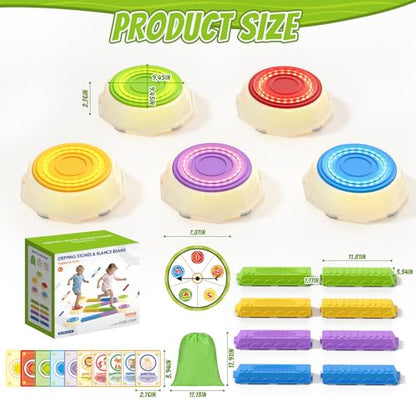 HYES Light Up Stepping Stones & Balance Beams for Kids 1-3, 13PCS Non-Slip Sensory Obstacle Course with Piano Music, Game Spinner & 30 Cards, Indoor Outdoor Toddler Toys Gifts for Boys Girls Ages 3-5 - style: 5 LED Pads & 8 Beams