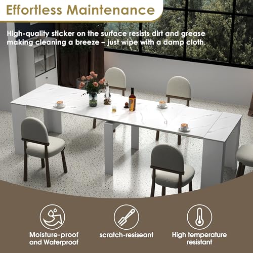 20"-118" White Marble Extendable Dining Table for 2-12 People, Modern Modular Extension Table, Space-Saving Extra Long Folding Dining Table, Multifunctional Conference Meeting Table - color: White Marble, style: 20" - 118.5" (2-12 People)