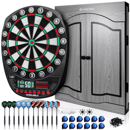 WIN.MAX Electronic Dart Board Soft Tip Dartboard Set LED Displays 3 Languges with Cabinet - style: grey