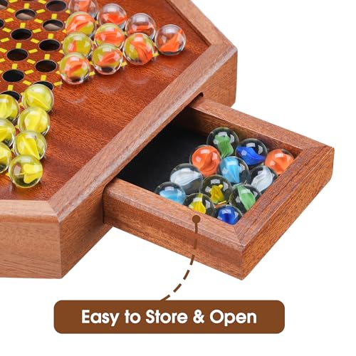 14.2" Wooden Chinese Checkers Board Game with Storage Drawer | 6-Player Marble Strategy Game | Classic Family Board Game for Kids & Adults | 16mm 60+12 Colorful Glass Marbles, More Easy Grasping