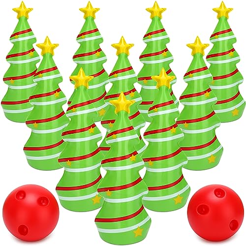 Ceenna 12 Pcs Christmas Bowling Set Inflatable Christmas Tree Bowling Set Christmas Games for Family, Include 10 Christmas Tree Pins and 2 Balls
