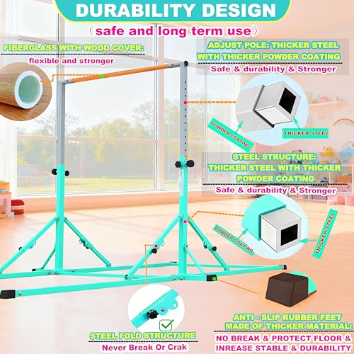 Marfula Gymnastic Bar For Kid and Teenage of 3-25, 5Ft/8 FT Base Length 4Ft Width 5Ft Adjust Height, Gymnastic Kip Bar For Gymnast, Gymnastic Training Equipment For Professional Training Home Club Use - color: Teal (New Style - 8 Ft Base)