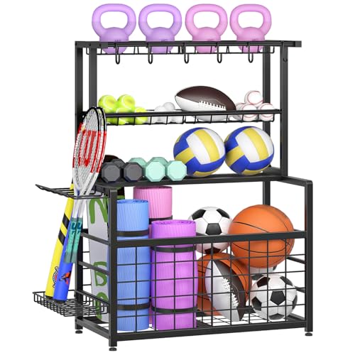 HOOBRO Sports Equipment Garage Organizer, Ball Storage Rack with Basket, Heavy Duty Ball Holder with Hooks, for Outdoor, Garage, Club, Basement, Black BK80JJ01
