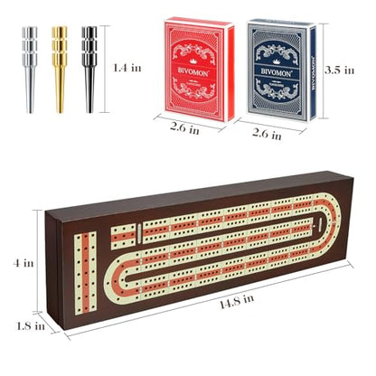 BIVOMON Cribbage Board Game Set Continuous 3 Track Wooden Board with Magnetic Lock, 9 Metal Pegs, 2 Playing Cards, Large Storage Area, Travel Portable Travel Cribbage Boards for Adult Child