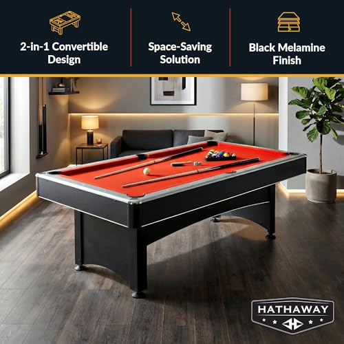 Hathaway Maverick 7 Foot Pool Table with Table Tennis Top – with Accessories for Both Games – Space-Saving Ping Pong and Pool Table Combo for Families – Matte Black Finish