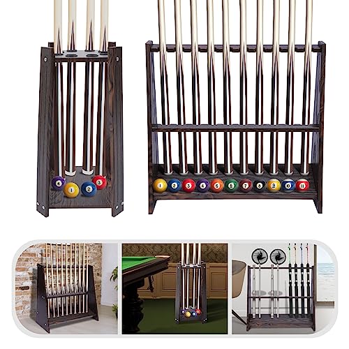 DKSLALALI Wooden Freestanding Pool Stick Holder, 10 Pool Multifunctional Billiard Cue Rack Floor Stand Pool Table Accessories with Ball Storage for Billiard Room, Game Room & Club