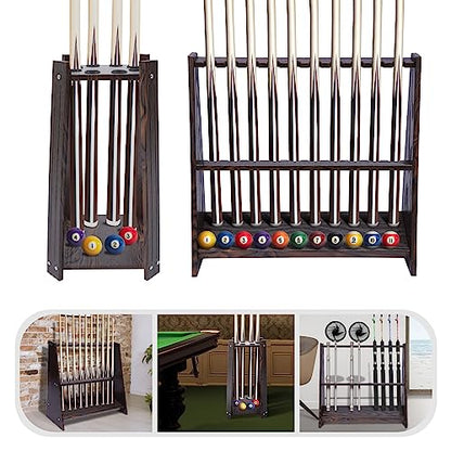 DKSLALALI Wooden Freestanding Pool Stick Holder, 10 Pool Multifunctional Billiard Cue Rack Floor Stand Pool Table Accessories with Ball Storage for Billiard Room, Game Room & Club