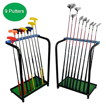 Nisorpa Golf Club Organizer Rack 9 Clubs Golf Club Display Stand Rack Holder Shelf Indoor Outdoor Golf Putter Rack Holder Stand 9 Putters Metal Golf Club Stand with Artificial Grass Mat
