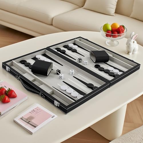 Backgammon Sets for Adults, 15" Backgammon Set Leather Large, Travel Backgammon Board Games - Classic Board Game (Grey Inner Lining) - color: Grey