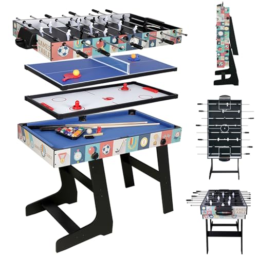 4-in-1 Multi Game Table 48inch Folding Combo Game Table, Football Table,Billiards Table, Pool/Snooker Table, Hockey Table, Table Tennis Table for Adults Family Birthday - color: Multi black blue
