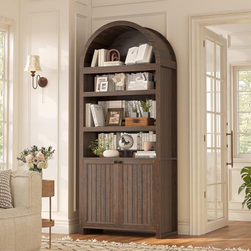 81" Tall Arched Cabinets,Bookcase with storage,Mid-Century Modern 6-Tier Bookshelf with Door,2 Book Risers and Adjustable Shelves offering more storage space for Living Room,Kitchen,Home Office,Walnut - color: Walnut, size: Large