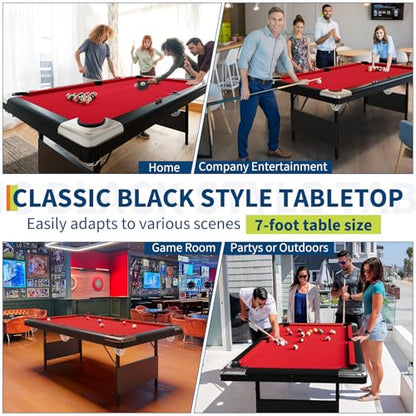 6-7 Ft Portable Pool Table, Folding Billiards Tables with Full Set of Balls, Cues, Chalk & Brush, No Assembly, Adult Pool Table for Family/Game Room/Basements/Garage/Outdoor