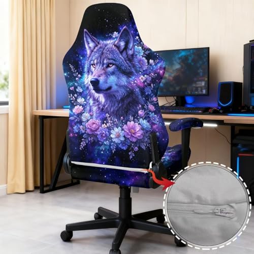 4 Piece Gaming Chair Cover with Armrest Covers Wolf Floral Printed Non-Slip Computer & Gaming Chair Slipcover Easy to Install Universal Fit Office Desk & Racing Computer Gamer Chairs - color: Black and Blue - Wolf Floral