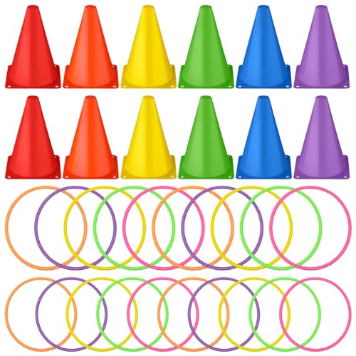 Leyndo 52 Pcs Ring Toss Game Set 12 Plastic Training Cones 40 Toss Rings for Carnival Party Backyard Indoor Outdoor Games - color: Red, Orange, Yellow, Green, Blue, Purple, size: 7 Inch
