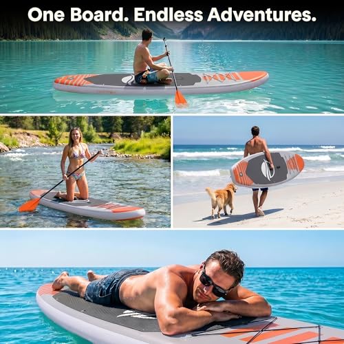 SereneLife 10’6" Inflatable Stand Up Paddle Board with Premium SUP Accessories - Wide Stable Design with Non-Slip EVA Deck Pad, for Youth and Adults, 350 lbs. Capacity - color: Orange