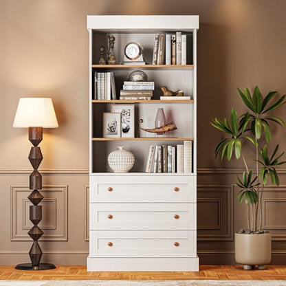 Vyre 71" Tall Farmhouse Bookshelves with Glass Doors and Drawers, Set of 2 – Large Modular Bookcase with Adjustable Shelves, Storage Cabinet for Living Room, Kitchen, White - color: White