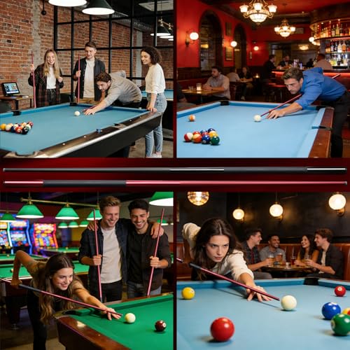 KMISE Fiberglass Graphite Composite Pool Cue Sticks 20oz 13MM Cue Tip One-Piece 58inch Professional Pool Cue Low-Deflection Billiard Cue Sticks Set of 1/4 for Home & Bar Play Black Red Color Available