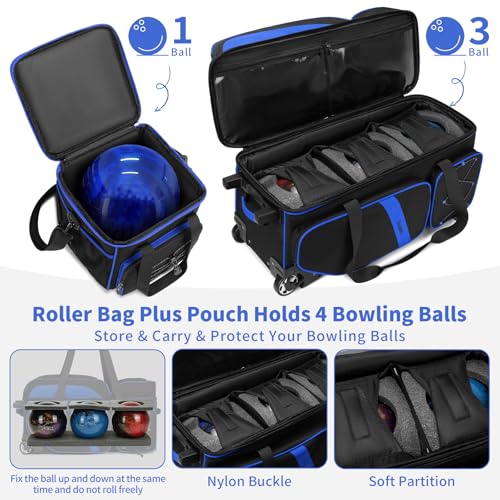BOSSTIN 3-4 Ball Bowling Bags with Wheels, Secure Hook & Loop Fixed Ball Cup & Shoe Compartment (Fits Up to Size 16), Roller with Multi-Pockets