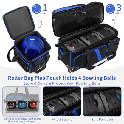 BOSSTIN 3-4 Ball Bowling Bags with Wheels, Secure Hook & Loop Fixed Ball Cup & Shoe Compartment (Fits Up to Size 16), Roller with Multi-Pockets