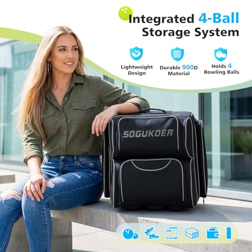 4 Ball Bowling Bag with Wheels,Integrated Main Compartment,900D Heavy Duty Bowling Roller Bag with Shoe Compartment, Telescoping Handle,Multiple Accessory Pockets for League Tournament Travel