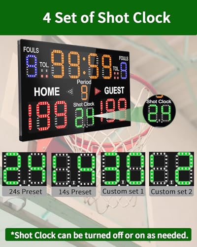 LUCKY TIME Basketball Scoreboard with Shot Clock, 12/14/24/30/25/60 Seconds, Upgraded Thickening Digital Scoreboard with Remote, Battery Powered Electronic Scoreboard for Indoor Outdoor - style: Single-Sided (Console Control)