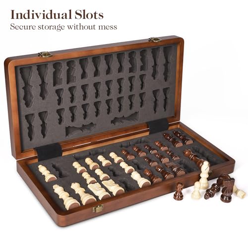 ELONGDI 15" Wooden Chess Set with Magnetic Pieces - Extra Queens - Folding Chessboard Portable Travel Tournament Chess Board Games for Adults Kids - size: 15 Inches