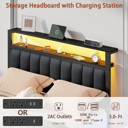 Furnulem Full Size Bed Frame with Charging Station and LED Lights, Grey Upholstered Headboard with Shelves, Metal Platform Bed with 2 Under-Bed Storage (Fabric Drawer on Wheels), No Box Spring Needed - size: Full