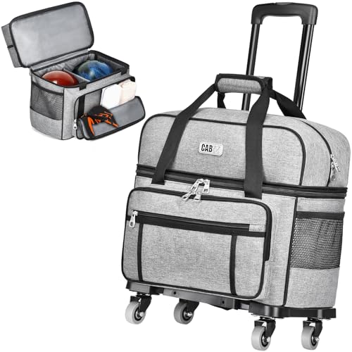 CAB55 2 Ball Bowling Bag with 4 Wheels, Double Bowling Ball Bag with Separate Shoe Compartment, (Up To US Men Size 16), and Multiple Multifunctional Accessory Pockets - color: Gray
