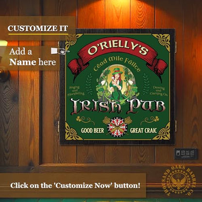 Personalized Dart Board Cabinet Set with 6 Steel Tip Darts, Paper Dartboard, Chalk & Eraser (21.5 x 21.5 x 2.75) - Man Cave Dart Boards for Adults - style: Beer Girl Irish Pub