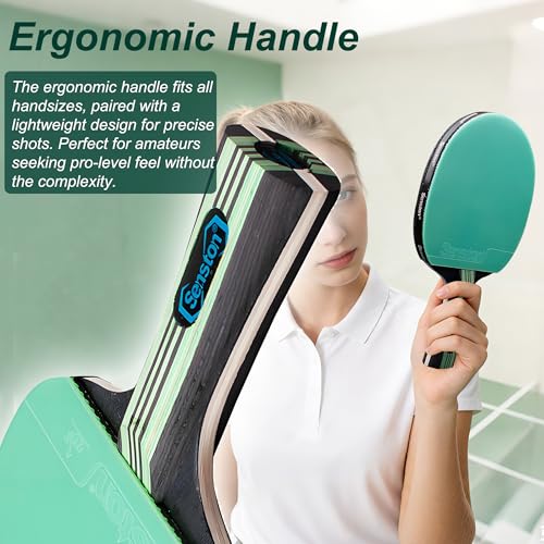 Senston 5-Ply Ping Pong Paddles Set – Premium Wood Table Tennis Set of 4 with 6 Balls & Portable Carry Case – High-Control 2mm Sponge & Ergonomic Non-Slip Grip for Beginners & Family Play - color: Green+Purple