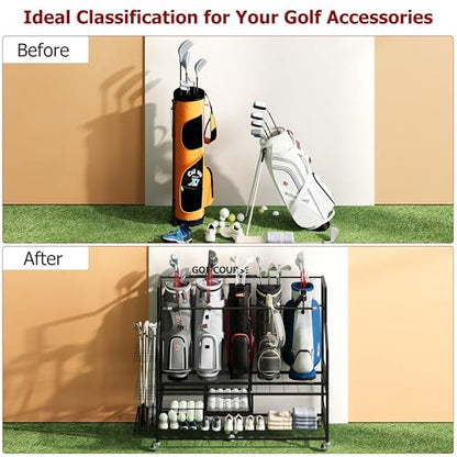 Golf Bag Storage Rack on Wheels, Mobile 5-Bag Organizer with Accessory Drawer for Golf Bag and Equipment Accessories Garage, Home, Basement