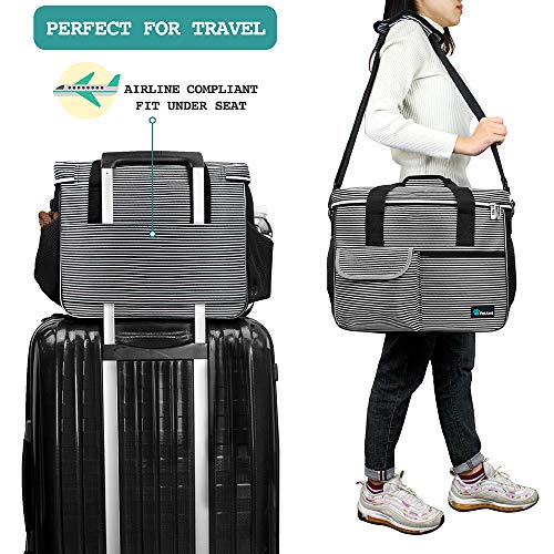 PetAmi Dog Travel Bag Organizer, Pet Travel Kit with 2 Food Containers & 2 Collapsible Dog Bowls, Pet Supplies Tote with Luggage Sleeve, Weekend Road Trip Camping Essentials, Stripe Black, Medium - color: Stripe Black, size: Medium - 14.5"L x 8"W x 12.0"H