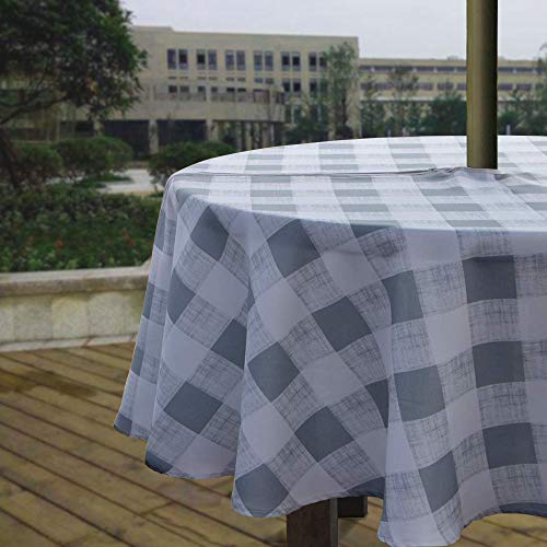 Melaluxe Spring/Summer Wrinkle-Free Waterproof Outdoor Tablecloth with Umbrella Hole and Zipper, Grey Checkered, 60" Round-Zippered - color: Grey Checkered, size: 60" (Round)