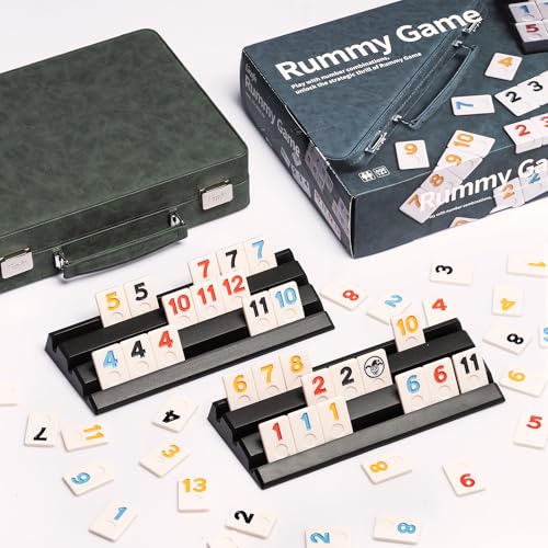 Rummy Game Set, 2-4 Players with 106 Rummy Tiles and 4 Racks, Rummy Travel Game Set with Faux Leather Case, Fun Family Classic Board Games (Green) - color: Green