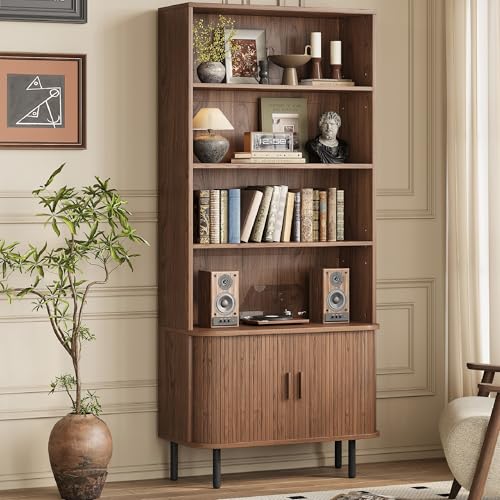 5-Tier Tall Bookshelf with Cabinet, 71" Fluted Bookcase with Sliding Door, Adjustable Display Shelf, Free Standing Cube Storage Organizer, Wood Shelving Unit for Living Room, Home Office, Walnut