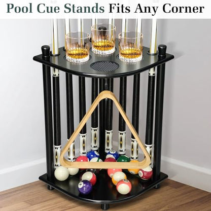 Pool Stick Holder Floor Stand, Pool Cue Rack Holder up to 8 Cues Sticks, Solid Wood Billiards Stick Holder Pool Stick Stand Corner for Game Room, Club,Pool Table Accessories (Black) - style: Black