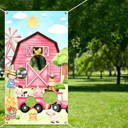 Farm Animal Bean Bag Toss Game, Bean Bag Toss Game, Pink Animal Print Banner with 3 Bean Bags for Outdoor Indoor Games Family Activity Birthday Party Decorations Supplies