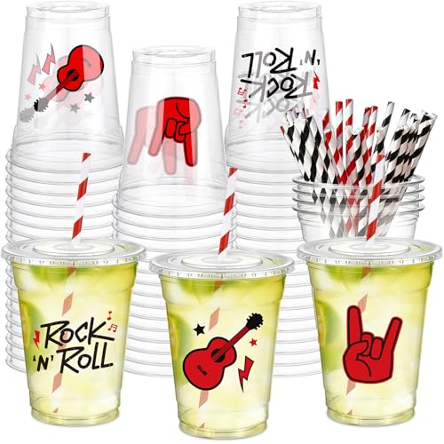 Newtay 60 Pcs Rock and Roll Cups Bulk 12oz Guitar-themed Plastic Cups with Lids Straws Retro Music Party Favors for Birthday Baby Shower Music Parties Decorations - style: Rock