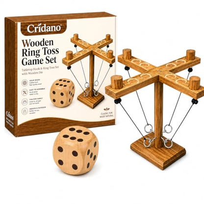 Wooden Ring Toss Game Set with Wooden Dice, Tabletop Hook and Ring Toss Game for Adults, Family Game Night, Party, Bar, Camping, Backyard, Indoor Outdoor Games