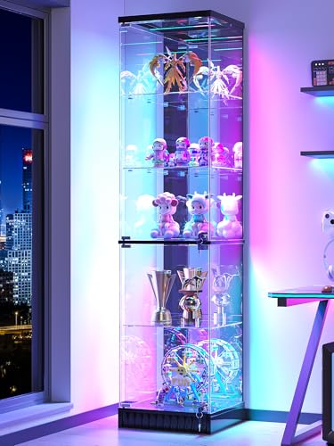 Lvifur Curio Display Cabinet - with Glass Door,5-Tier Glass Display Case with RGB Motion Sensor Light, Lockable Figure Display Case with Removable Glass Shelf for Collectibles,Black - color: Black-rgb Light