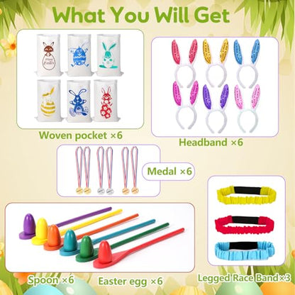 Easter Games for Kids Outdoor, Potato Sack Race Bags, Bunny Ears Headbands, Egg Spoon Relay Races, Legged Relay Race Bands for Easter Eggs Hunt Games
