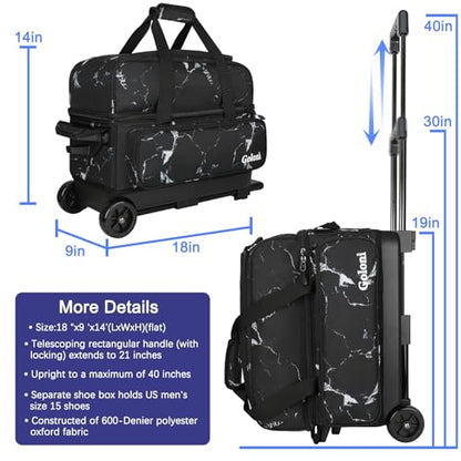 Goloni Double Roller 2 Ball Bowling Bag with Separate Shoe Compartment,2 Ball Bowling Bag with Wheels,Retractable Handle Extends to 40" - color: Marble