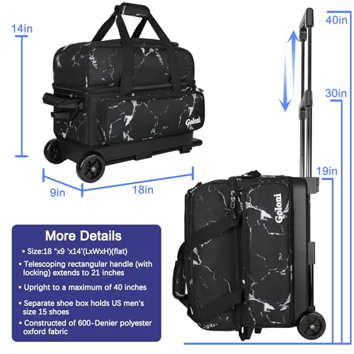 Goloni Double Roller 2 Ball Bowling Bag with Separate Shoe Compartment,2 Ball Bowling Bag with Wheels,Retractable Handle Extends to 40" - color: Marble